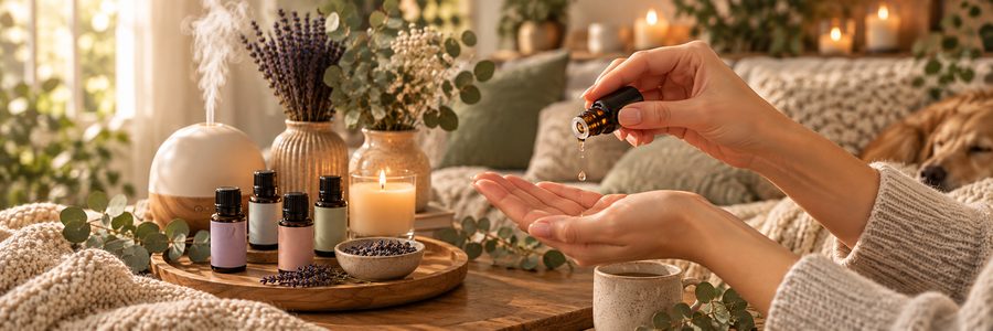 Mesa de madeira com difusor de óleos essenciais, vidrinhos, velas e lavanda, mãos pingando óleo na palma da mão