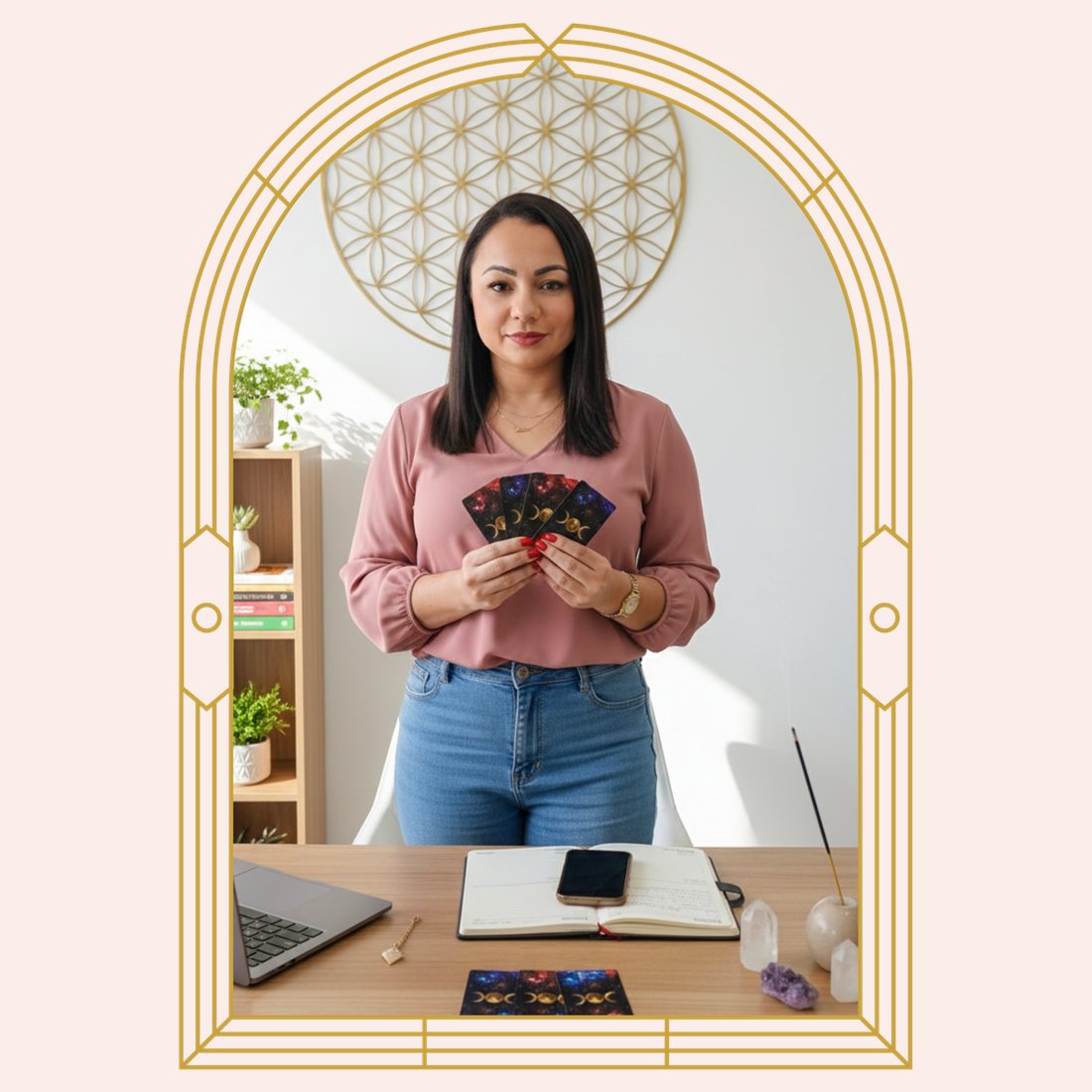 Elaine segurando um leque de cartas de tarot, sorrindo